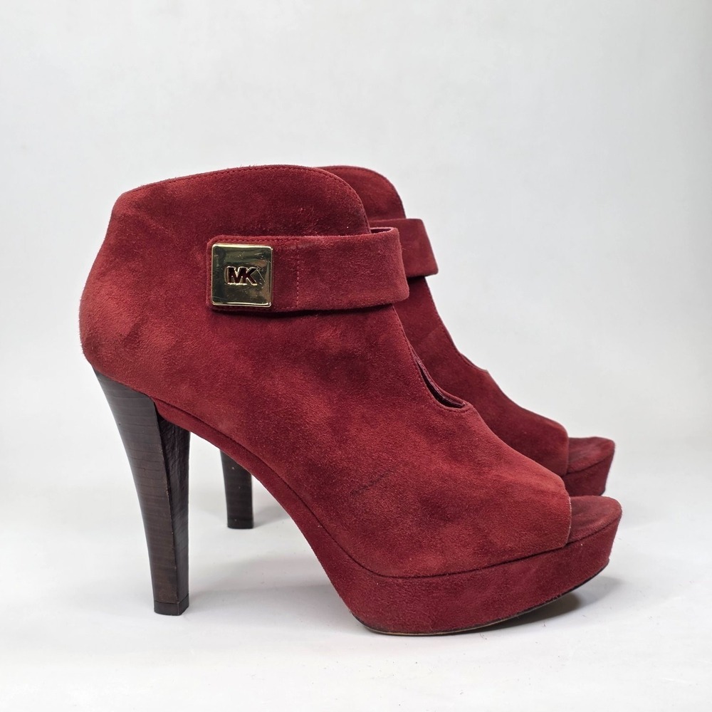 Michael Kors Devenport Bootie Womens Size 9.5 Burgundy Suede Shoes Heels Sandals